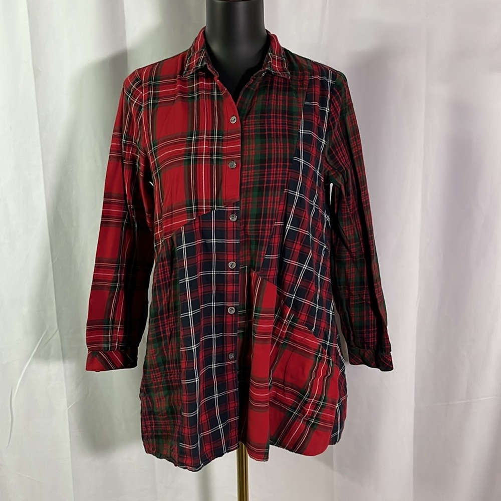 J. Jill Red Green & Navy Patchwork Plaid Button Down Cotton Tunic Top